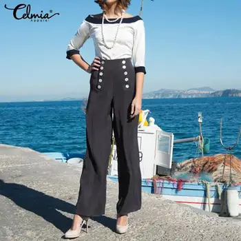 

2020 Summer Elegant Women Celmia Solid Long Pants Casual Loose Buttons High Waist Office Ladies Work Wide Leg Trousers Plus Size
