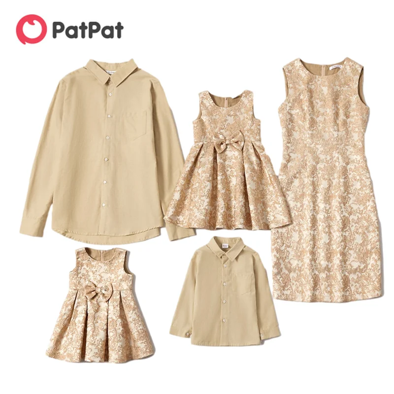 

PatPat New Arrival 2021 Spring Mosaic Family Matching Golden Formal Setsï¼ˆButtocks Dresses - Solid Button Front Shirts - Rompersï¼‰