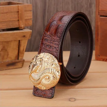 

Men Genuine Leather Pin Buckle Crocodile Grain Gold Snake Cobra Belts Cowskin Alligator Jeans Belts Luxury Male Strap XKS116