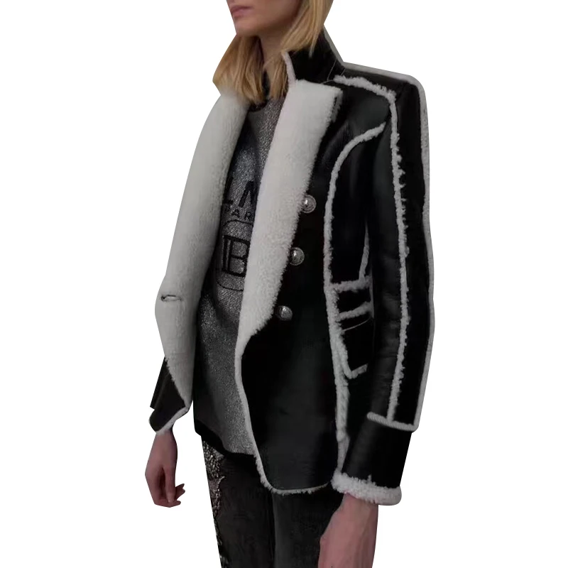 TWOTWINSTYLE лоскутные меховые куртки из искусственной кожи для женщин воротник с лацканами длинный рукав хит цвет осенние пальто Женская мода