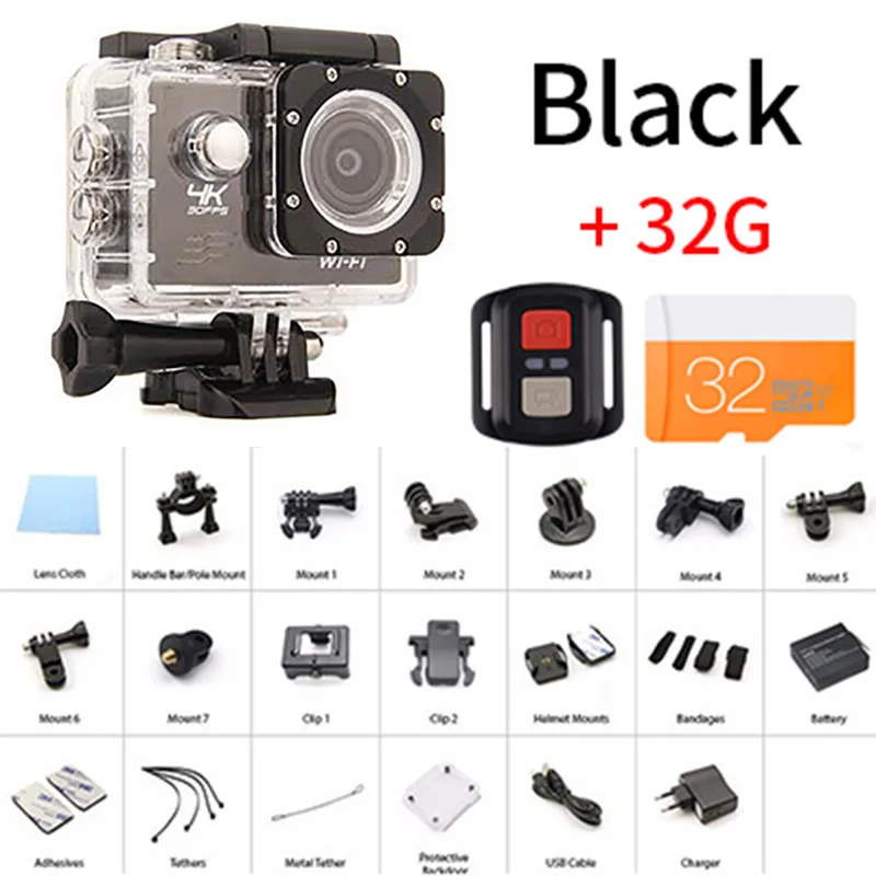 Black 2 32G Ультра HD 4 K экшн-камера wifi видеокамеры 16MP 170 go cam 4 K deportiva 2 дюйма f60 водонепроницаемая Спортивная камера pro 1080P 60fps cam - Цвет: Black 2 32G