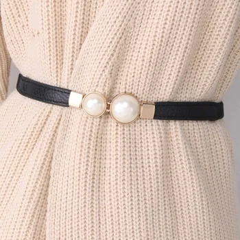Women Double Pearl Belt PU Leather Dress Skirt Waist Elastic Thin Belts Ladies Waistband