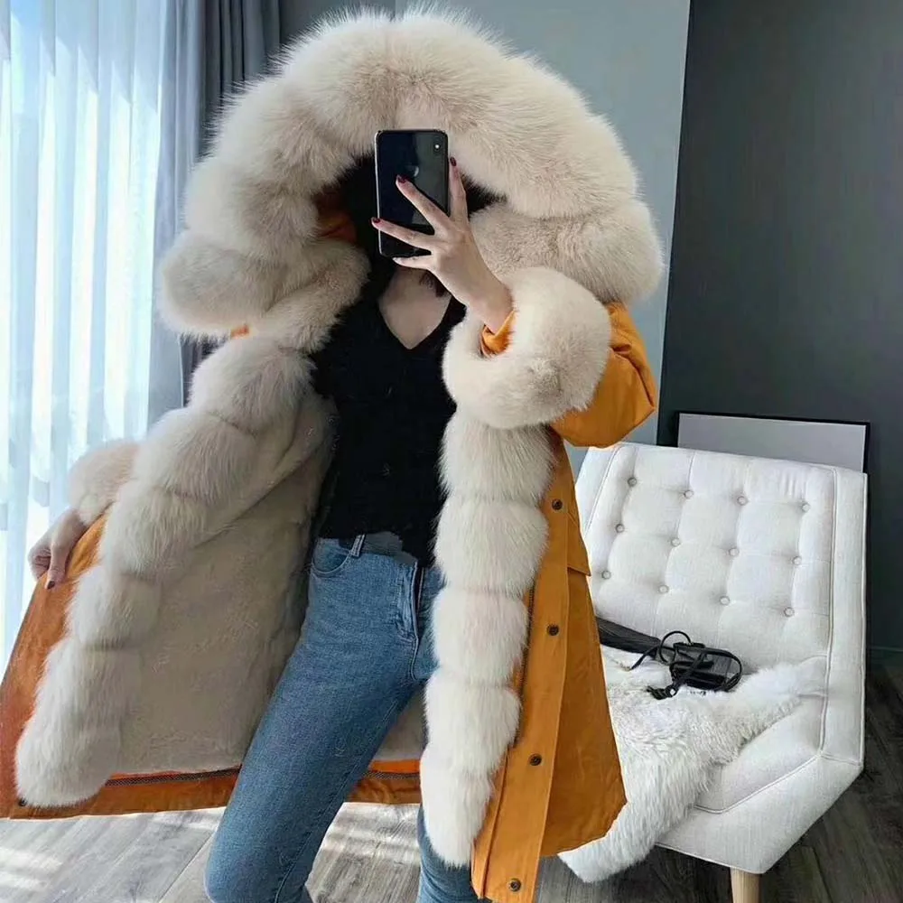 

2019 Real Rabbit Fur liner Coat Natural Fox Fur Collar Hood Winter Jacket Women Long Parka Warm Outerwear Streetwear Detachable