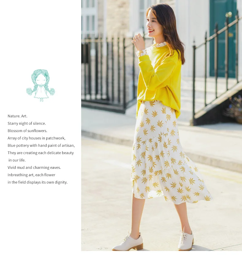 INMAN Spring New Arrival Literary Fresh Style Flower Print Irregular A Line Shape Women Mid Calf Skirt