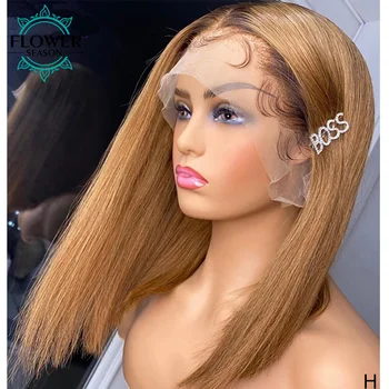 

4 27 Ombre Wigs Honey Blonde Glueless Lace Front Short Bob Wigs Straight Peruvian Human Hair 130% Remy for women FlowerSeason