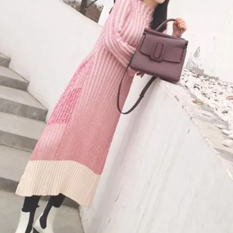 Long Knit Dresses Autumn/Winter Round Neck Elastic Sweater Pull Dresses Casual Daily Maxi Robe Women Pink Green AQ931