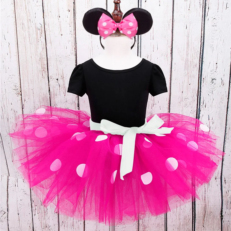 

Girl Minnie Dress UP Clothing Children Summer Princess Birthday Party Outfit with Headband Girl Bow Dots Dresses