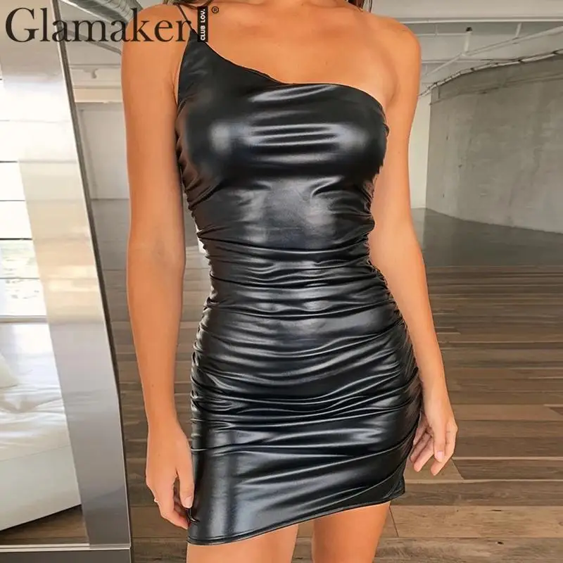 Glamaker кожаное мини-платье на одно плечо с завязками, женское элегантное Бандажное платье, женские осенние зимние вечерние Клубные Сексуальные Платья