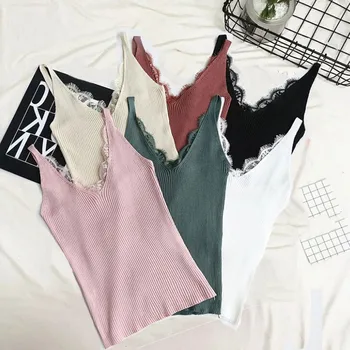

Sexy Women Tank Tops Lace Knitted Camis Tops Summer T Shirt Vest Fashion V Neck Slim Club Sleeveless Shirts Haut Femme 2020