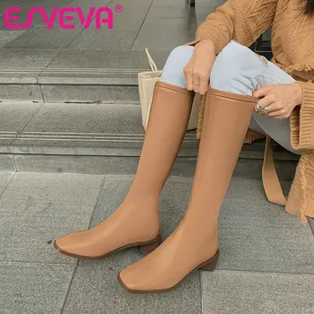 

ESVEVA 2021 Zipper Square Med Heel PU Leather Knee High Boots Women Boots Shoes Round Toe Fashion Platform Boots Size 34-43