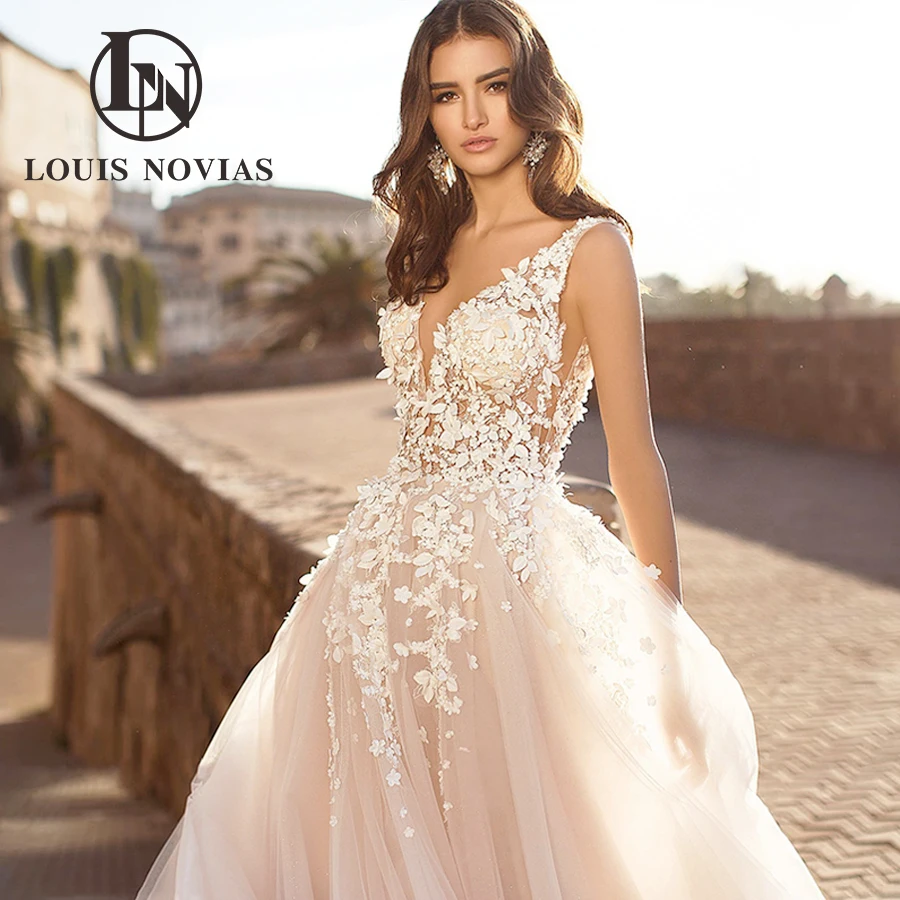 

LOUIS NOVIAS Boho Wedding Dress 2024 V-Neck Backless Beaded Flowers Sparkling Tulle A-Line Wedding Gown Vestidos De Novia