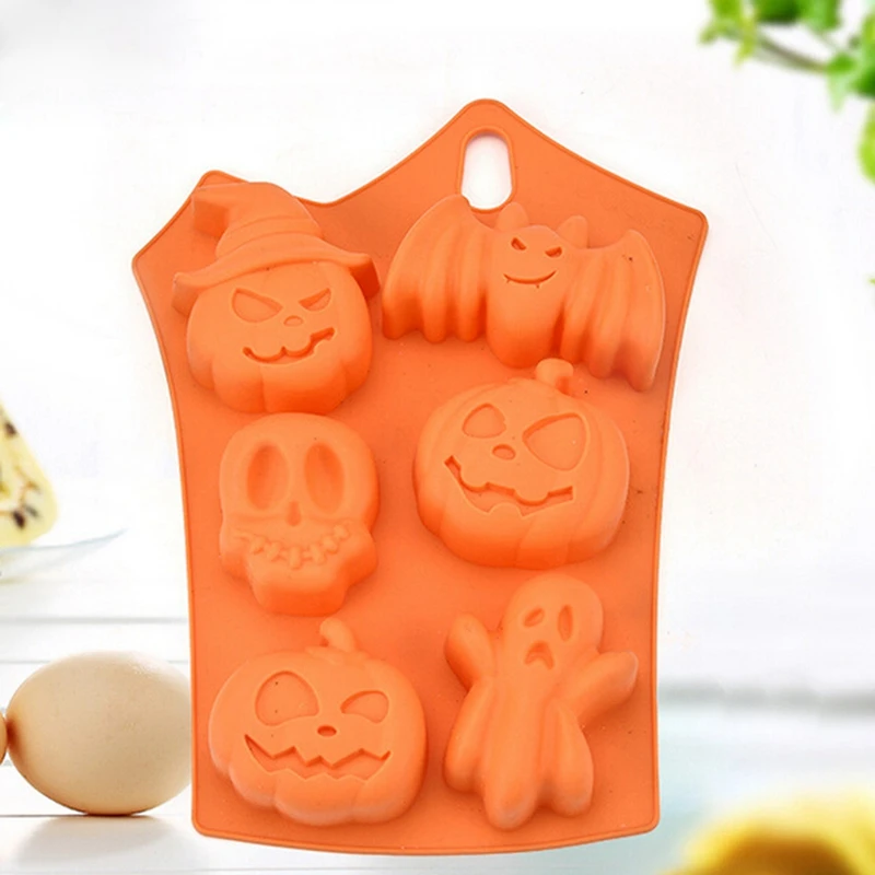 1pcs 6 Grids Pumpkin Bat Skull Ghost Shape Halloween Silicone Mold Candy Chocolate Pudding Mold for Halloween Party Decoration