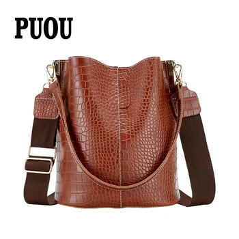 

2020 new luxury handbag designer design crocodile pattern handbag PU leather shoulder messenger bag wide strap bucket bag