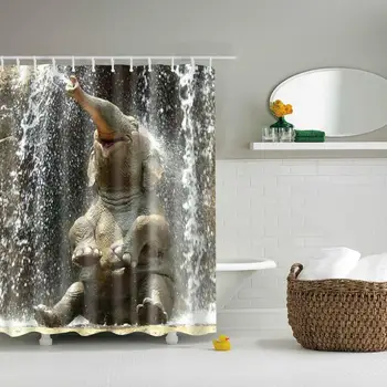 

Waterproof Thicken Polyester Shower Curtain Elephant Playing in the Water Mildew Proof Bath Tub Curtain with 12 pcs Hooks