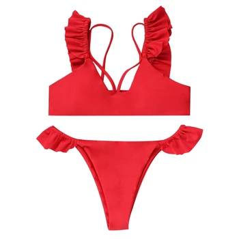 

Bikini Split Ruffle Swimwear Hanging Bikini Beachwear Red M