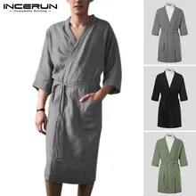 INCERUN, винтажные мужские халаты, домашняя одежда, хлопок, лен, шнуровка, карманы, v-образный вырез, 3/4 рукав, халаты, кимоно, одежда для сна, Мужская Ночная рубашка