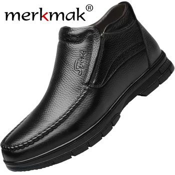

Merkmak 2019 New Winter Men Leather Boots Plus Velvet Warm Ankle Booties Classic Slip-on Casual Shoes Big Size 38-44 Male Shoes