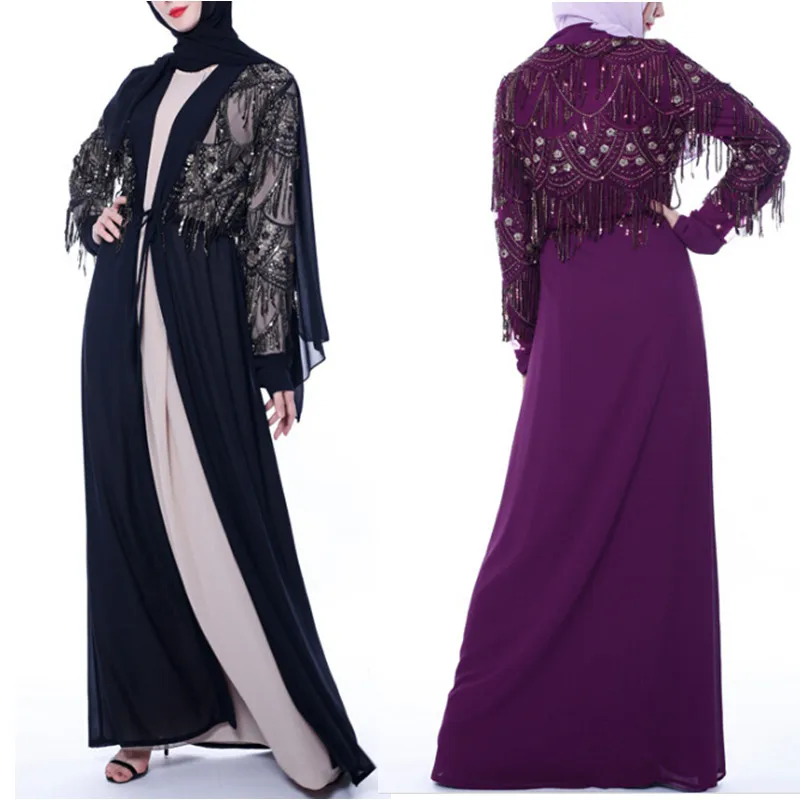 

Luxury Sequins Tassel Open Abaya Muslim Dress Cardigan Kimono Long Robe Gowns Jubah Middle East Ramadan Eid Arab Islamic Prayer