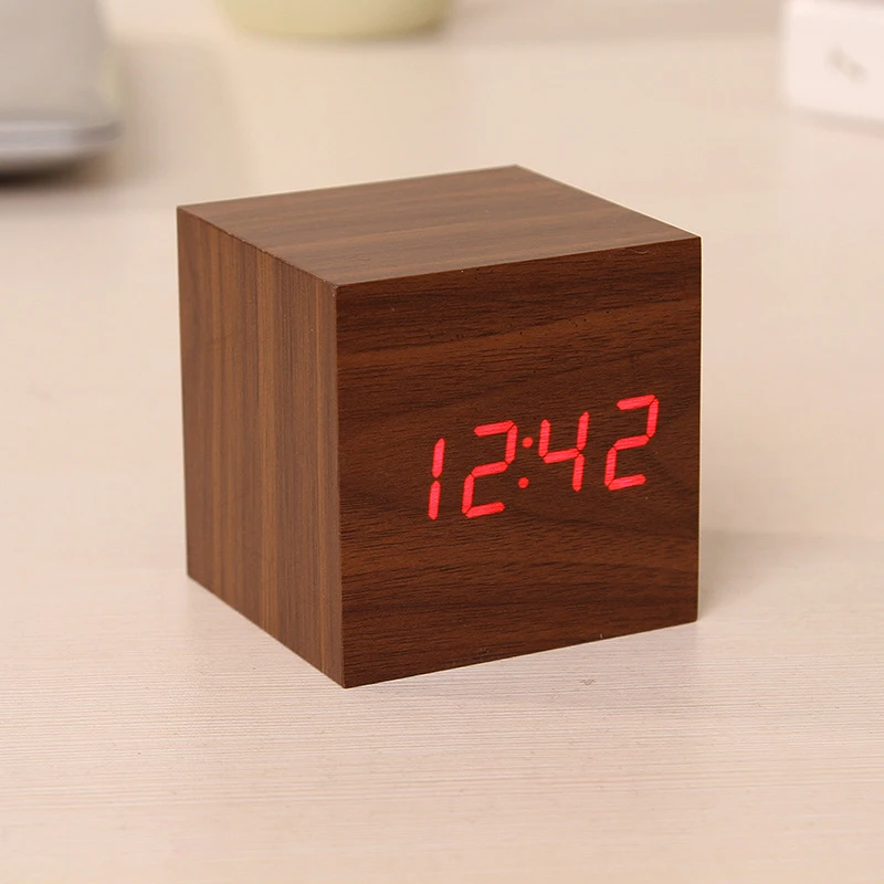 Кубический голосовой контроль деревянные часы цифровой светодиодный Настольный будильник термометр USB проекционный светодиодный дисплей календарь