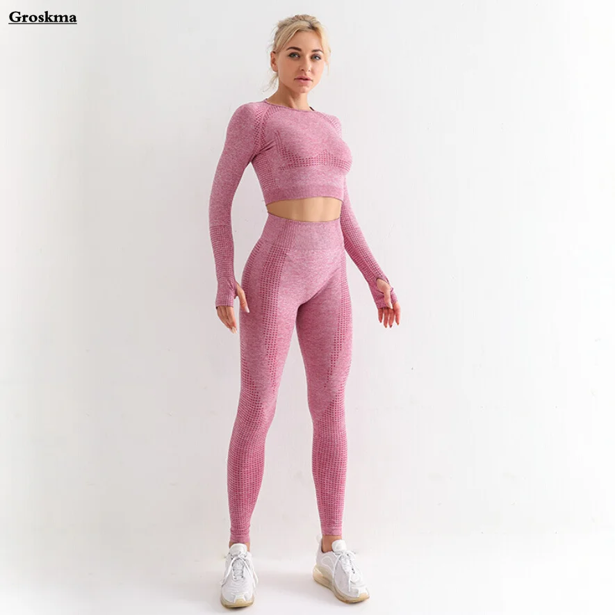 

High Waist Pants+Long Sleeve Crop Top Women Yoga Two Piece Set Fitness Gym Suits Seamless Running Sportswear Clothing Workout