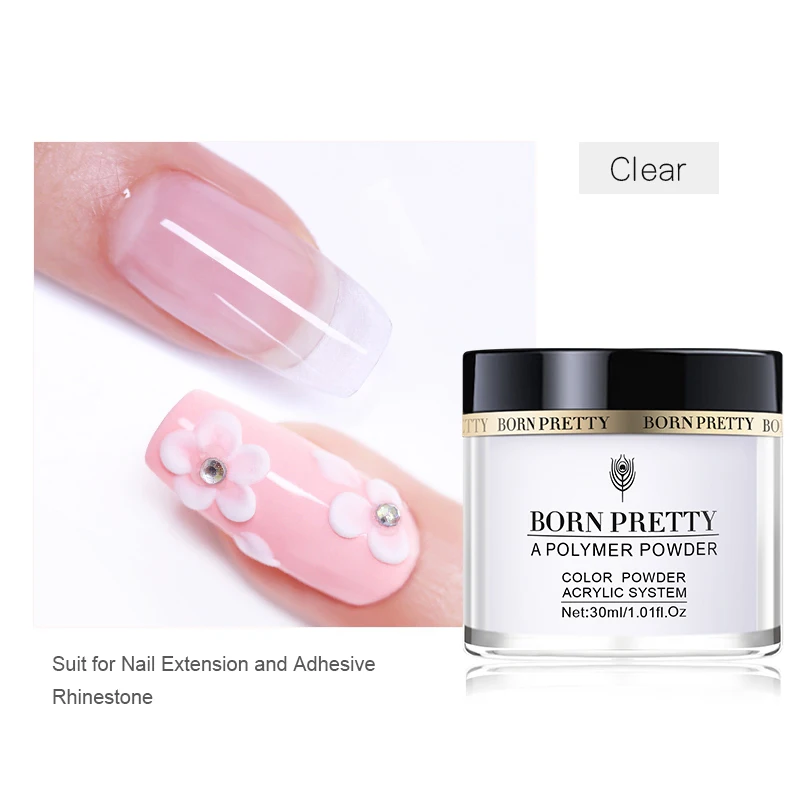 BORN PRETTY 30ml Acrylic Powder Carving Nail Polymer Tip Extension French Pink White Clear Adhesive Rhinestone Nail Art Powder - Цвет: 30ml Clear