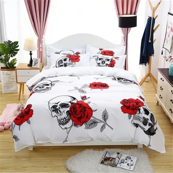 

Quality Super Soft Red Rose Skull Bedding Set Halloween Duvet Cover Set 3D Bone White Background Cover Beds Double 200x200cm R85