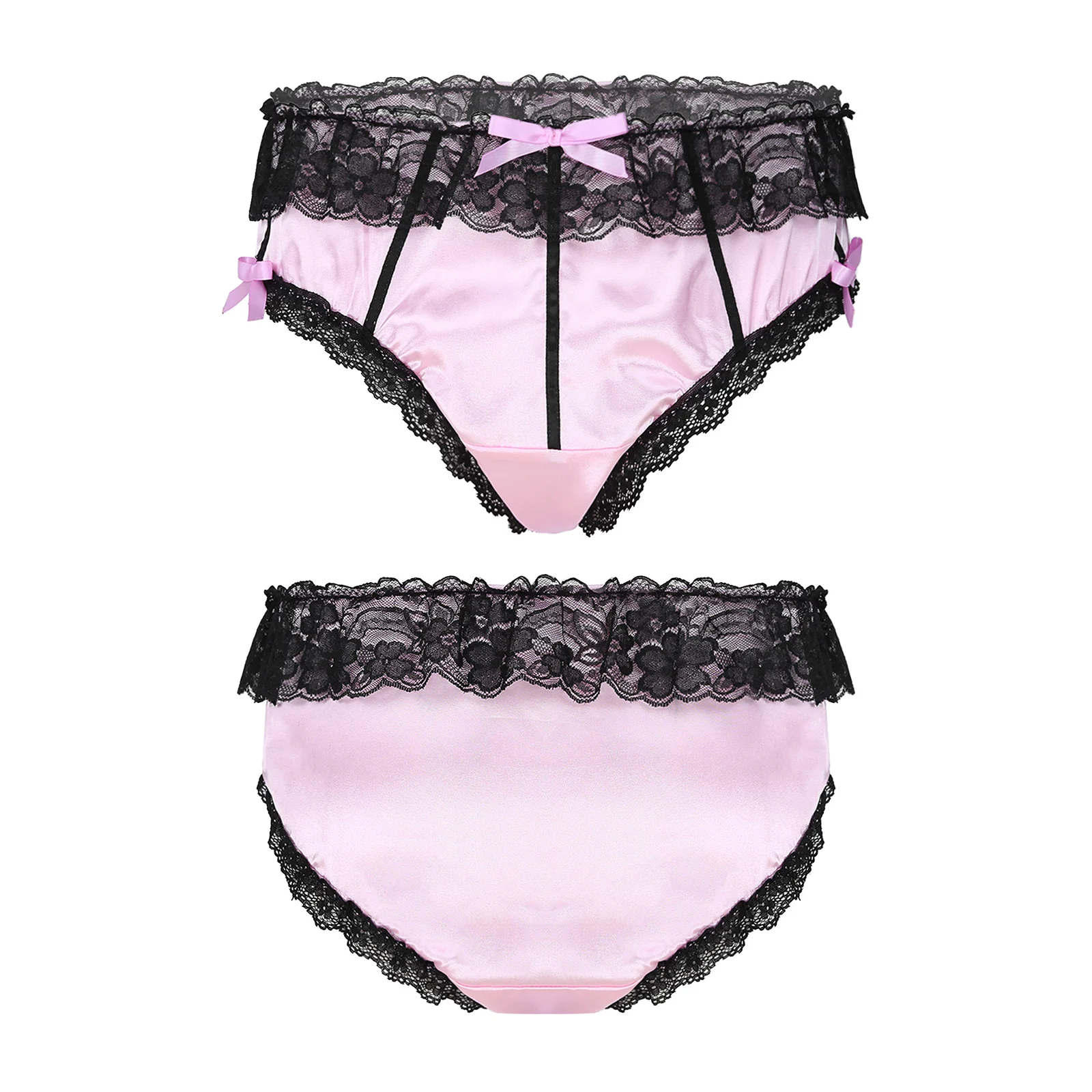 

Men Ruffle Lace Trim Underwear Bowknot Low Waist Elastic Waistband Briefs Soft Satin Pink Underpants Sissy Gay Lingerie Panties