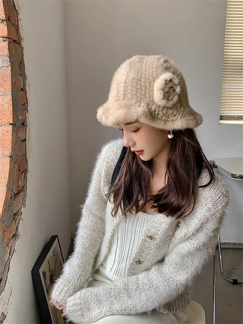 2021 New Fashion Winter Women's Mink Fur Bucket Hat Woven Mink Soft Warm Fishing Hat Outdoor Vacation Girl Hat best bucket hats