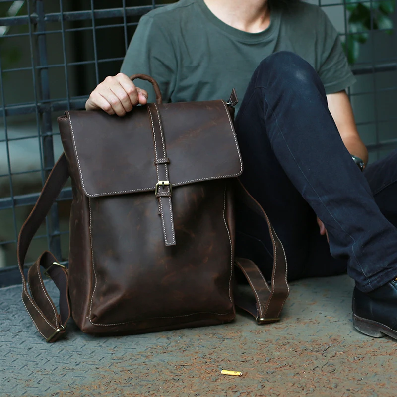 Genuine Leather Backpack Men Vintage Crazy Horse Leather Laptop