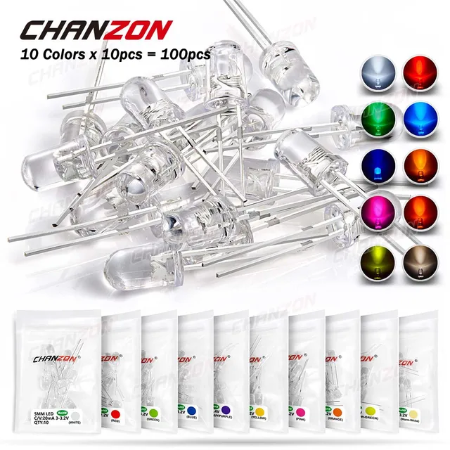 100pcs 5mm LED Diode Ultra Bright Warm White Red Green Blue UV Purple Yellow Orange Pink 2V 3V 20mA F5 Emitting Assortment Set 10colors x 10pcs Mix