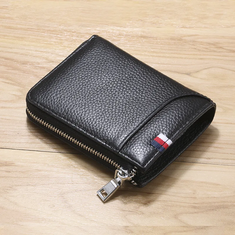 new rfid men's Genuine Leather wallet short wallet leather card bag anti-theft brush driving license wallet card holder