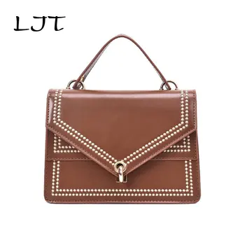 

LJT Retro Fashion Female Square Bag 2019 New High quality PU Leather Women's Designer Handbag Rivet Shoulder Bag Lock Handbag