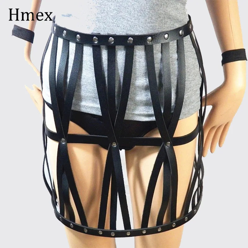 

New Women Hollow Out Black Skirts Belt Goth PU Leather Stripes Mini Skirts Women's Costume Party Skirts Sexy Clubwear