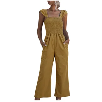 

Women Shirred Frill Sleeves Hight Waist Jumpsuit Ladies Summer Holiday Romper Solid Backless V Neck Party Jumpsuit #YL10