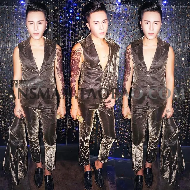 

Male singer performance costumes men's self-cultivation magic black gold suit vest suit host dress nightclub DJ tide carnival pa