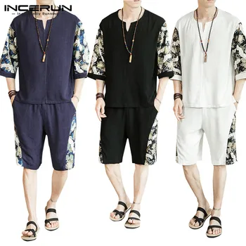 

INCERUN Chinese Style Men Sets Cotton Retro 2020 Printed Patchwork Casual Half Sleeve Shirts Shorts Streetwear Summer Mens Suit