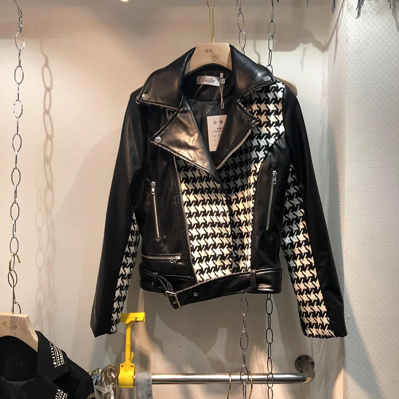 

2020 Autumn New Plaid Stitching PU Leather Jacket for Women Long Sleeve Zipper Lapel Slim-Fit Cropped Leather Jacket with Sashes