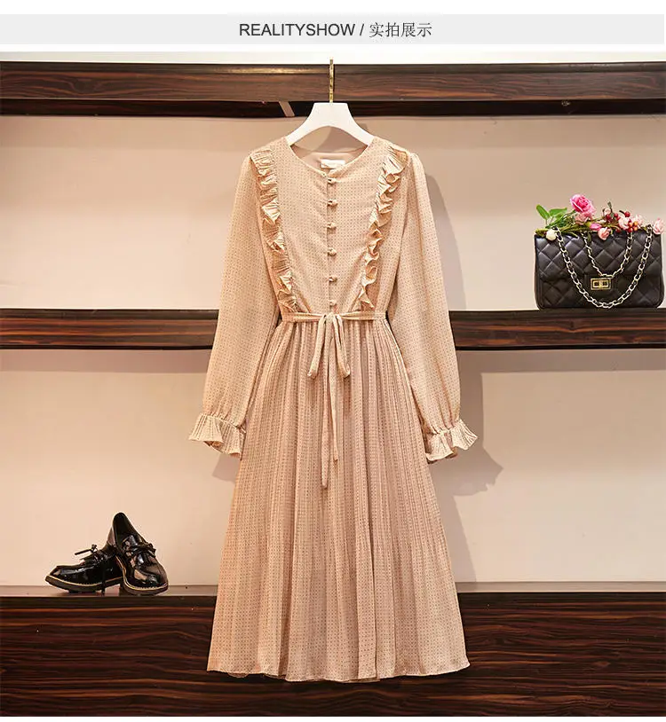 XL-5XL, большие размеры, женское винтажное шифоновое платье в горошек, осень, с оборками, в стиле пэчворк, с длинным рукавом, с бантом, со шнуровкой, женские платья-рубашки