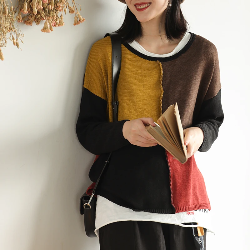 

Autumn Winter Sweater Women Knitting Fashion Pullovers 2019 New Ladies Tops O-Neck Long-sleeved Panelled Loose Casual Sweater