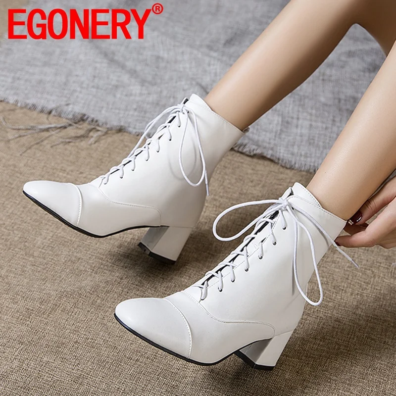 

EGONERY 2019 winter new concise square toe ankle boots outside high heels cross-tied plus size office women shoes drop shipping