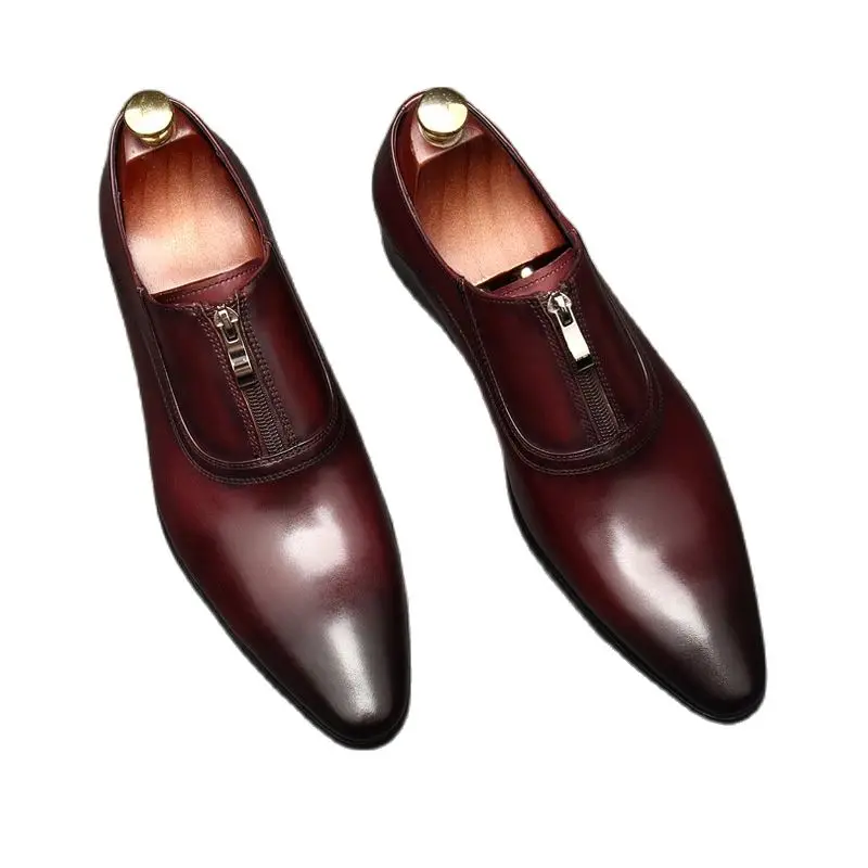Big Yards Mens Genuine Leather Wedding Dress Shoes Men Oxfords Business Office Career Work Pointed Toe Zip Cowhide Shoes 36-44