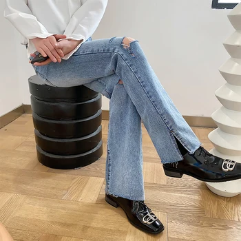 

Male Female Unisex Japan Korea Streetwear Vintage Denim Pants Trousers Men Hole Summer Fashion Casual Straight Long Jeans