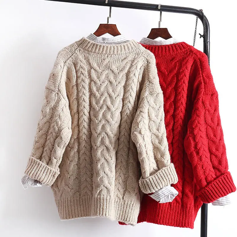 Harajuku свободный свитер женский пуловер длинный рукав вязаный свитер женский теплый толстый негабаритный вязаный свитер женская одежда Q1788
