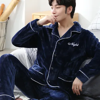 

Thoshine Winter Pajamas Men Thick Warm Sleepwear Flannel Home Wear Long Sleeve Coral Fleece Printed Pajama Set Man Two Piece Set