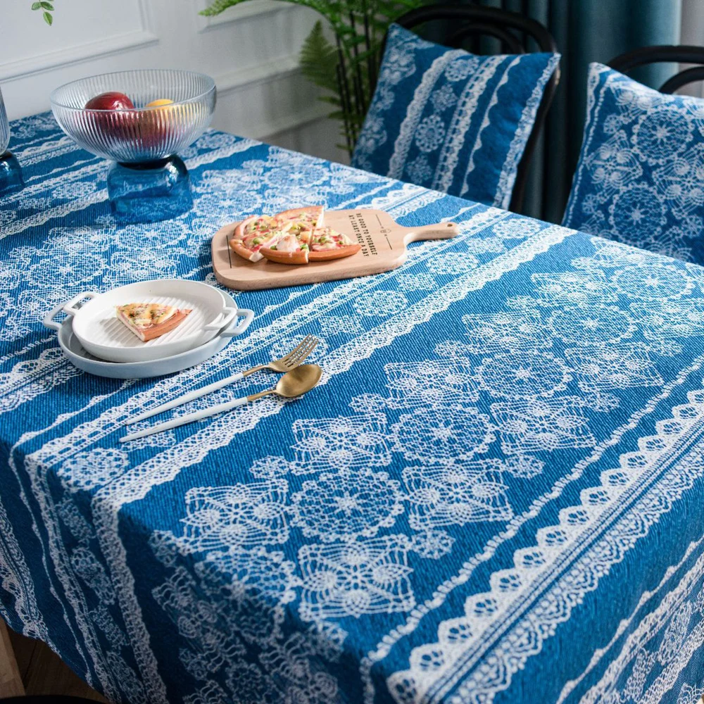 Mantel de lino y algodón para decoración de mesa, cubierta de tela azul  para muebles de
