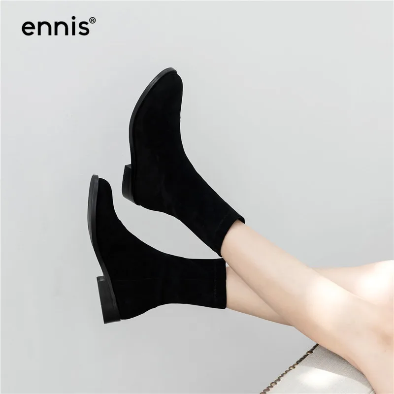 ENNIS/ г. Модные ботинки на плоской подошве женские ботинки до середины икры из черной лакированной кожи дизайнерские ботинки из замши на низком каблуке Осенняя женская обувь, A9164