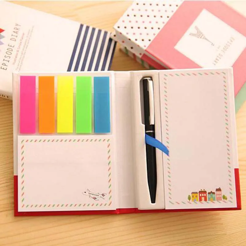 

1pc Kawaii Creative Mini Hardcover Sticky Combination Memo Pad with Pen Trivial Book Diary Notepad Office School Writing Pad