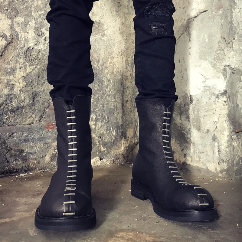 Роскошные ботинки из коровьей кожи с заклепками; Мужская Уличная обувь черного цвета в винтажном стиле; Байкерская обувь высокого качества; ботинки до середины икры на платформе в стиле панк