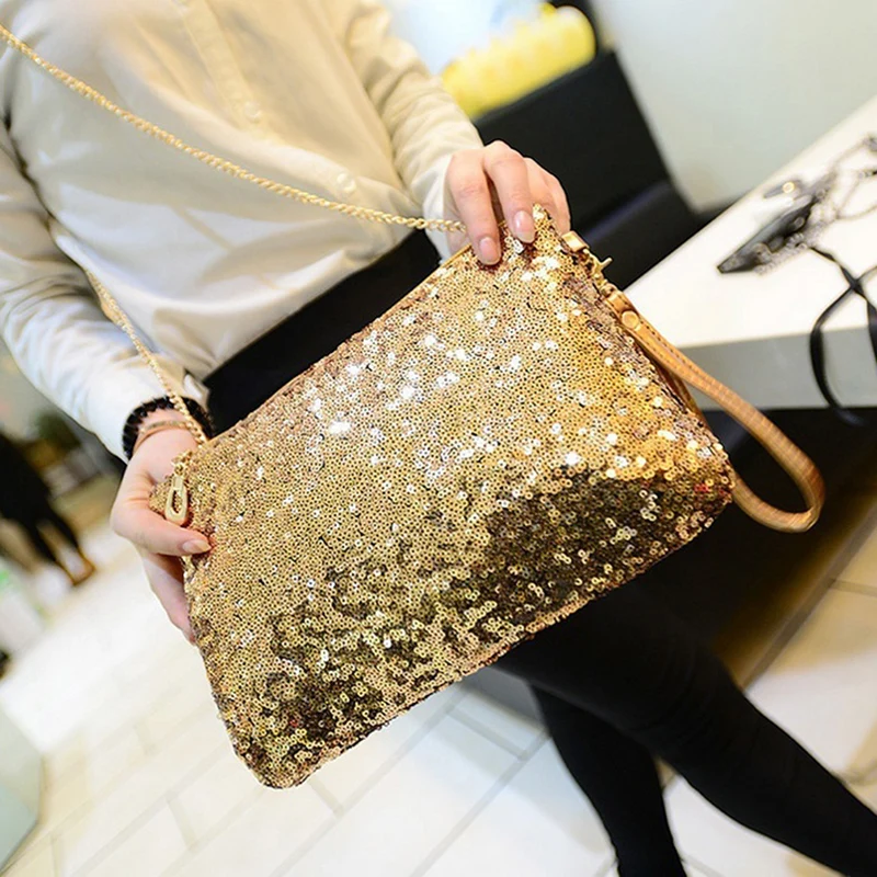 New Women’s Sequin Envelope Glitter Design Shoulder Chain Clutch Bag 
