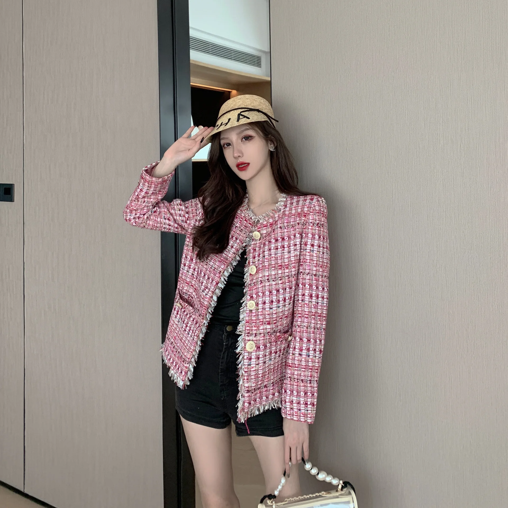 

Customized Pink Fur-trimmed Small Fragrance Jacket Women Autumn 2019 New Korean Version Small Suit Plaid Coat Women Jackets
